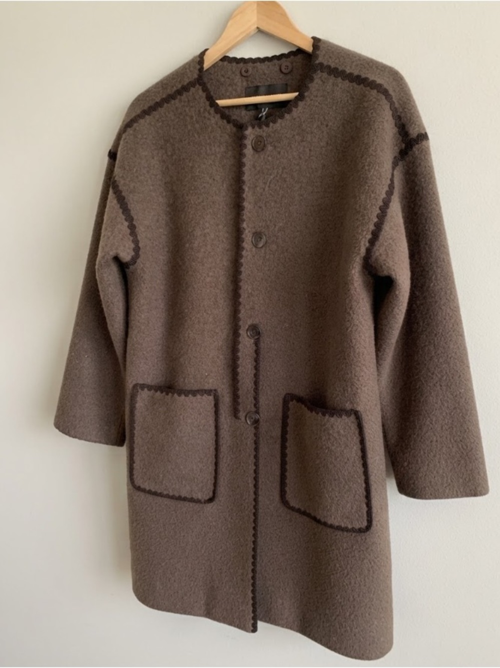 BCBGMaxAzria Women’s Wool Blend Brown Coat with Contrast Trim